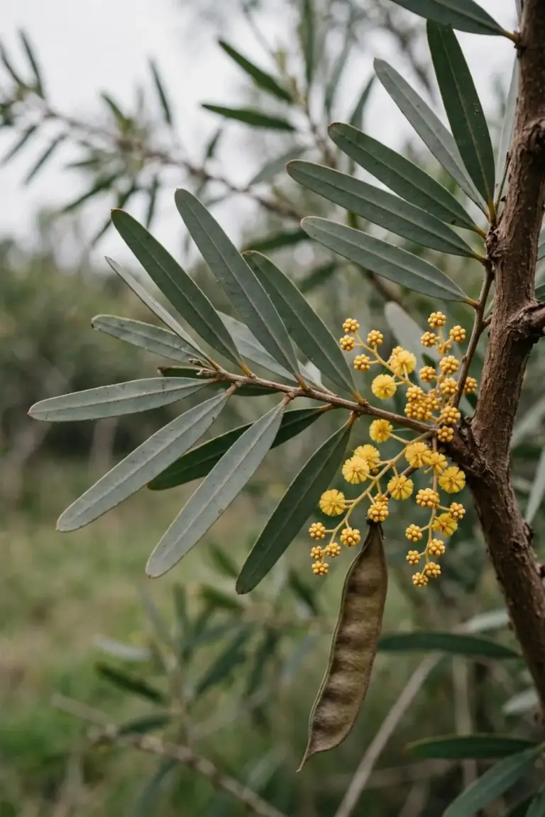 Wattle phyllodes with golden ball flower clusters