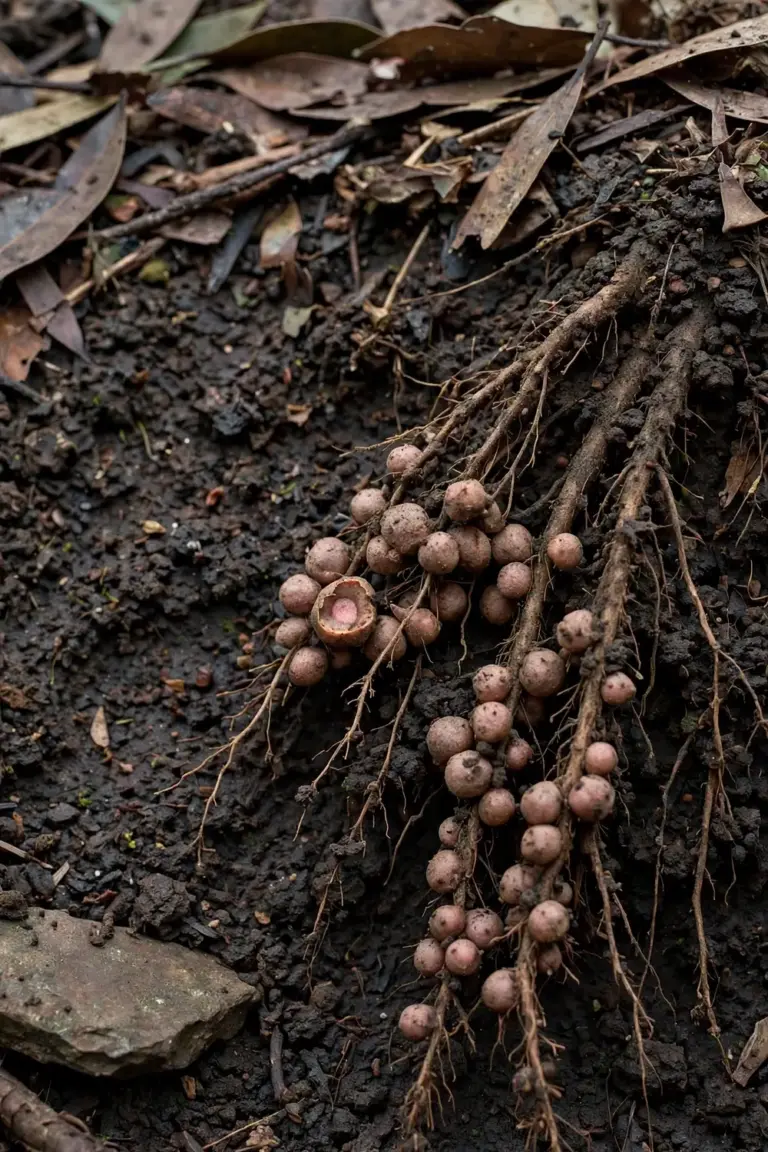 Wattle roots with small round nitrogen-fixing nodules exposed in soil