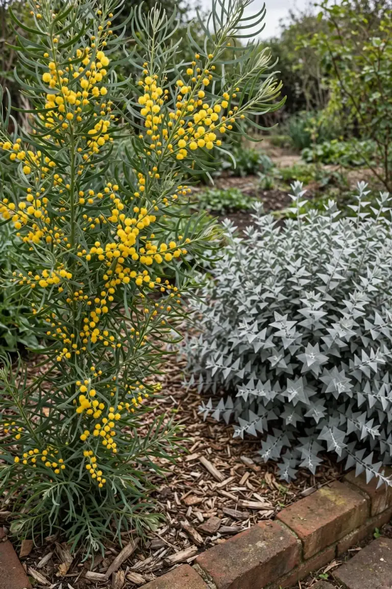 Two wattle shrubs side by side, one tall golden flowering, one low gray-leafed