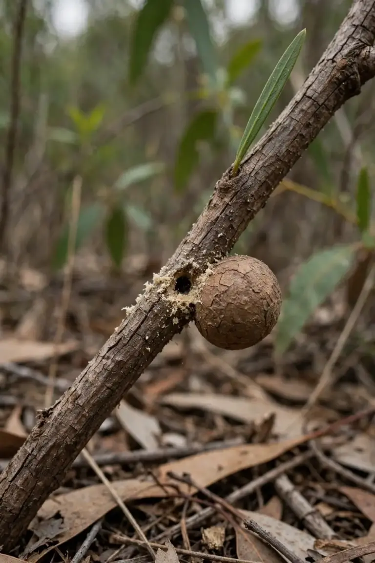 Wattle stem with a borer hole and a round gall swelling