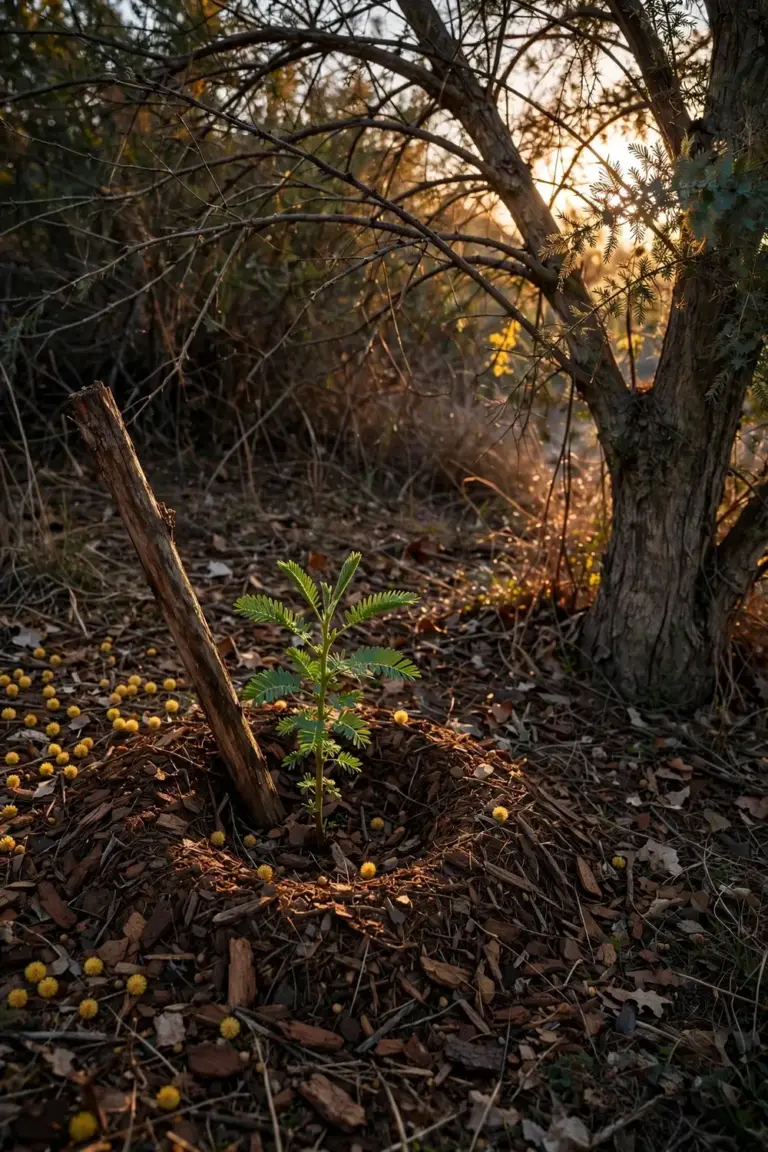 Young successor tree seedling planted beside an older thinning wattle