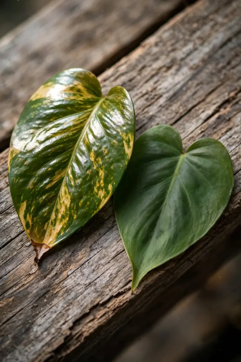 Thick waxy pothos leaf beside a thinner softer philodendron leaf