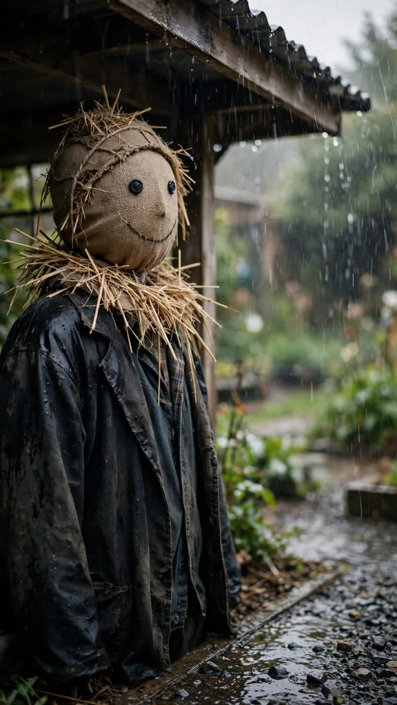 A scarecrow standing dry under a garden shelter edge during rain