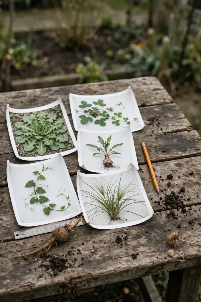 Five weed identification photos showing a rosette, a runner, a bulb, a sedge, and a vine