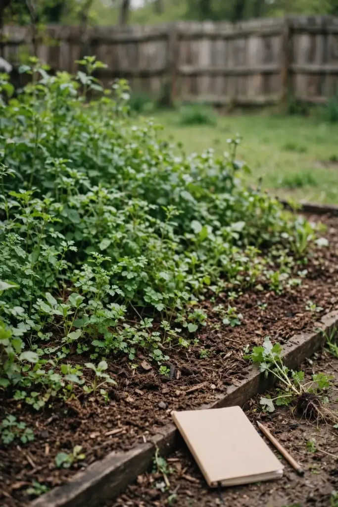 Mulched garden bed after weeding with dense planting and no bare soil