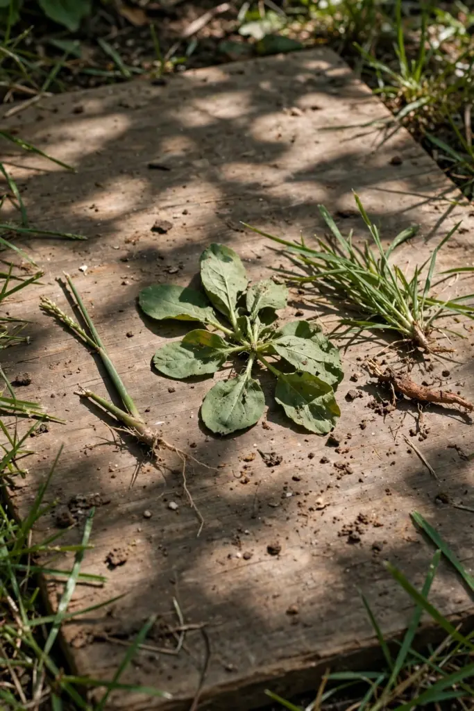Sedge stem with triangular cross-section beside a broadleaf weed and a grassy weed on a timber board