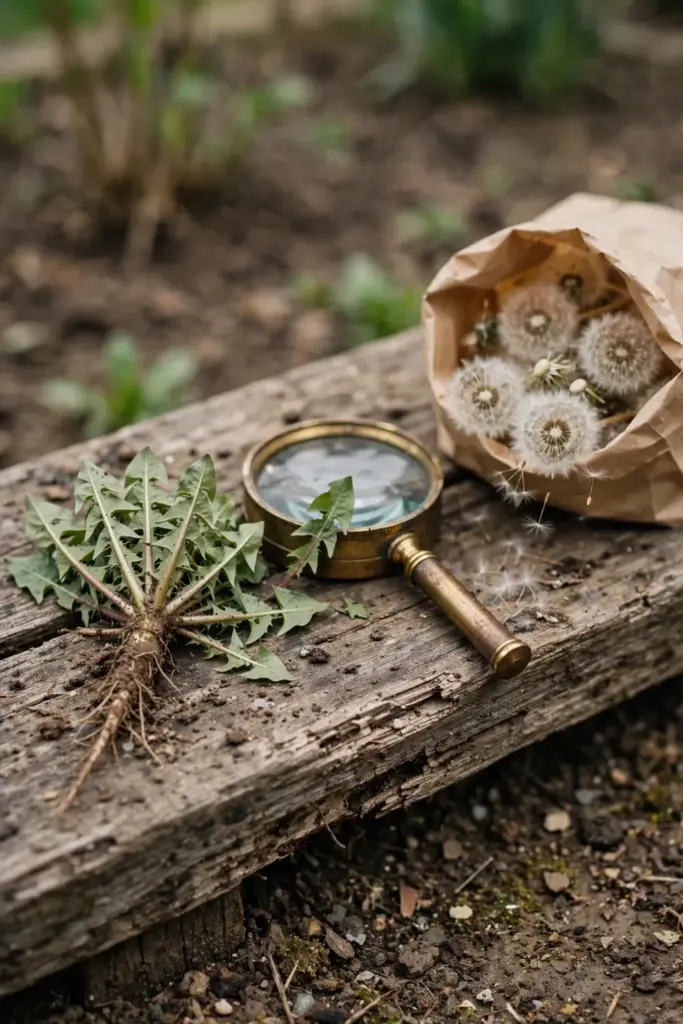 Hand lens resting beside a dandelion rosette and a bag of seed heads on a bench