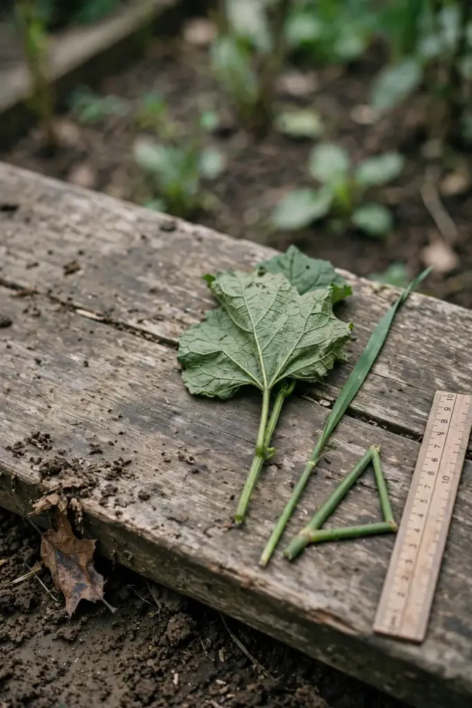 Three weed stems on a bench showing a broadleaf, a grass blade, and a triangular sedge stem