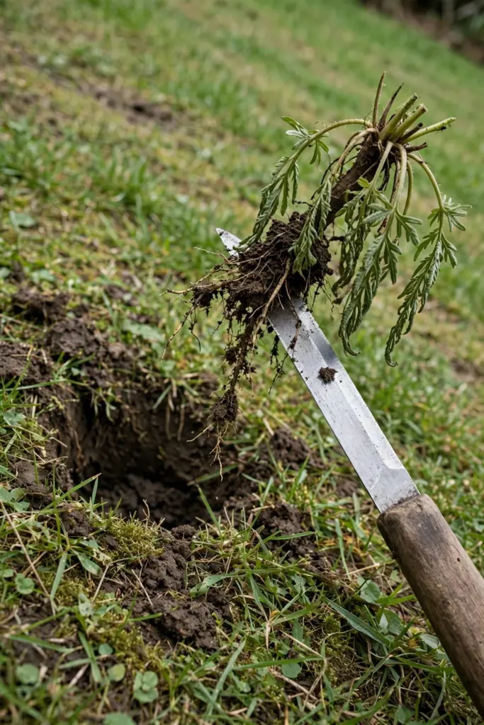 Weeding knife lifting a bindii rosette with taproot exposed