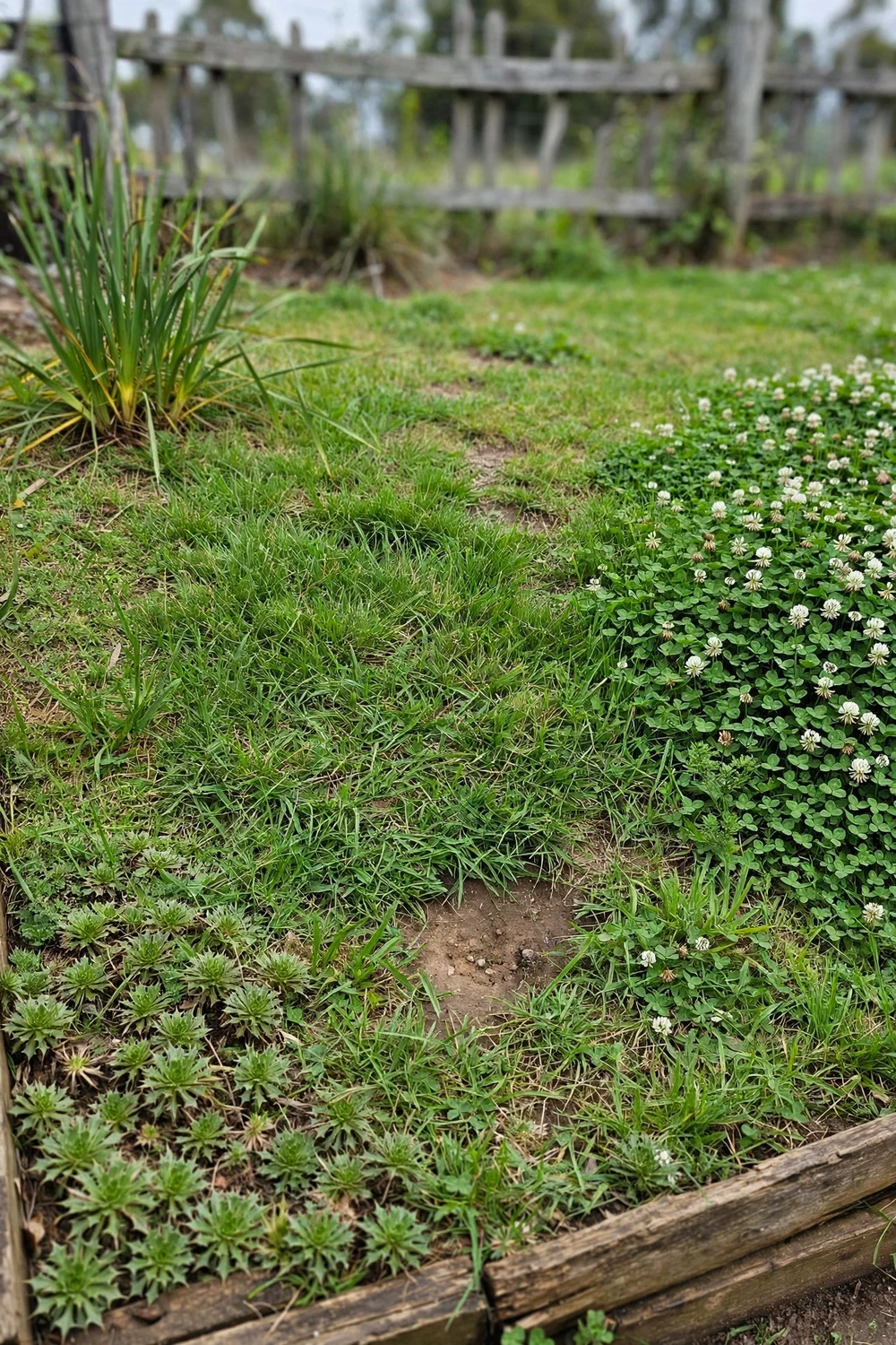 Couch lawn with bindii rosettes, clover patches, and nutgrass tufts across thin turf