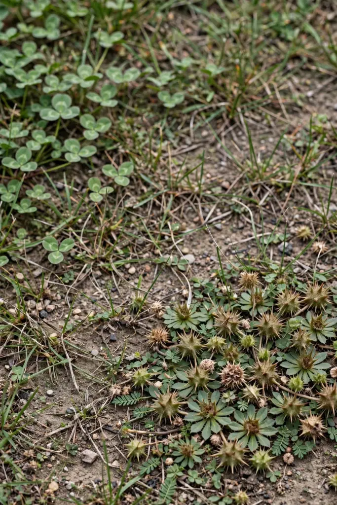 Bindii and clover patches crowding thin grass in a bare lawn area