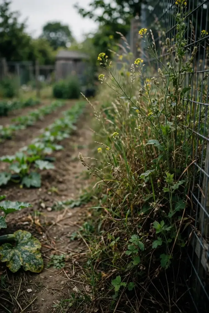 Weedy border of wild mustard and grasses beside a cucurbit bed.