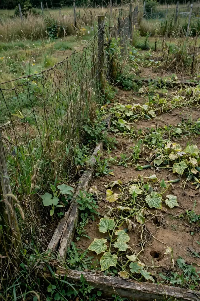Weedy fence row beside a mottled stunted cucurbit bed.