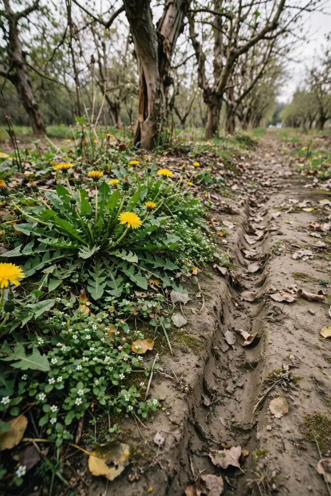 Weedy orchard floor with dandelions under declining trees