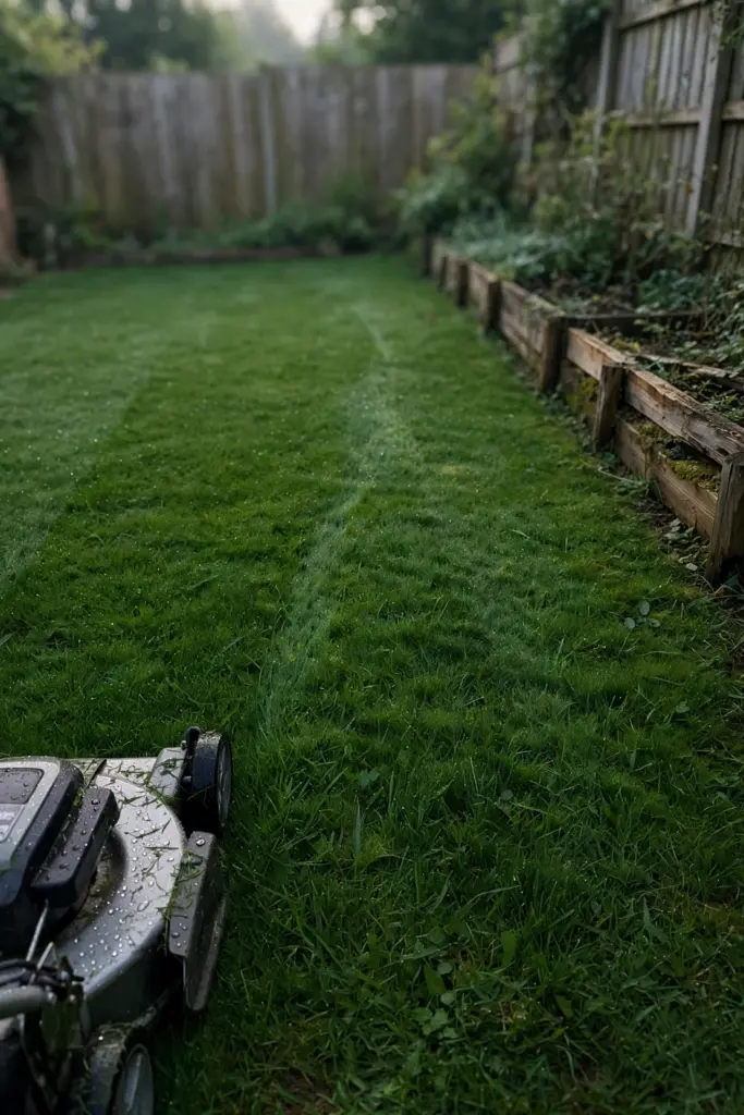 Dense green Couch lawn in morning light after a weekly weed walk