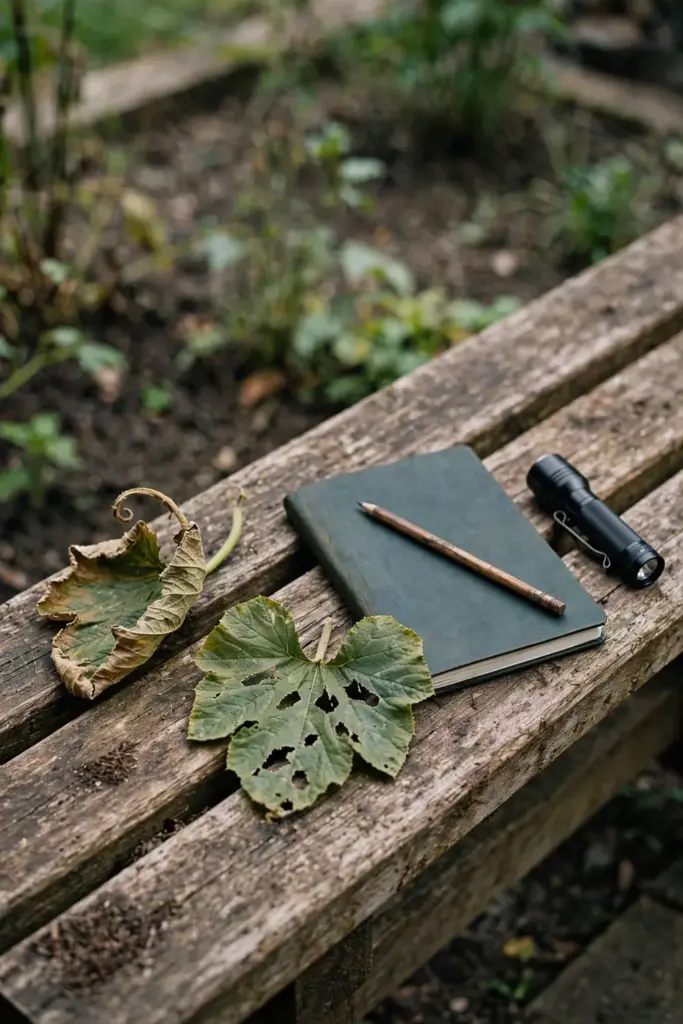 Torch, notebook, and pumpkin leaves on a bench beside a garden bed