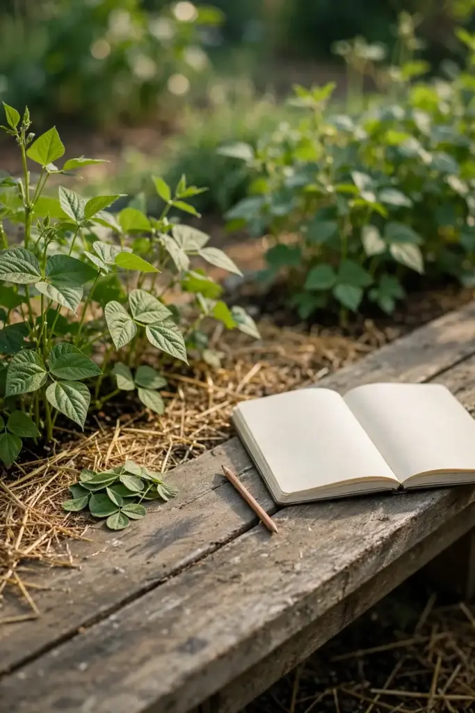 Open notebook with blank pages and a pencil beside a bean row for scouting.