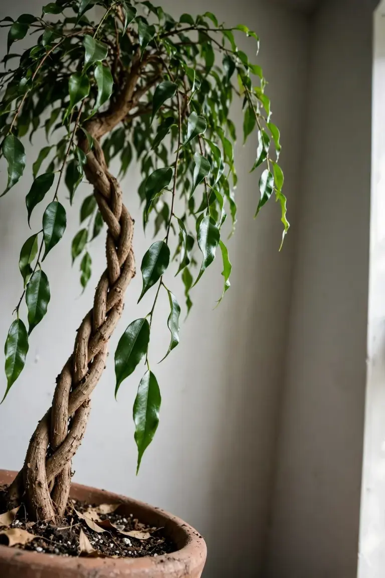 Weeping fig with braided trunk and small pointed leaves in a clay pot