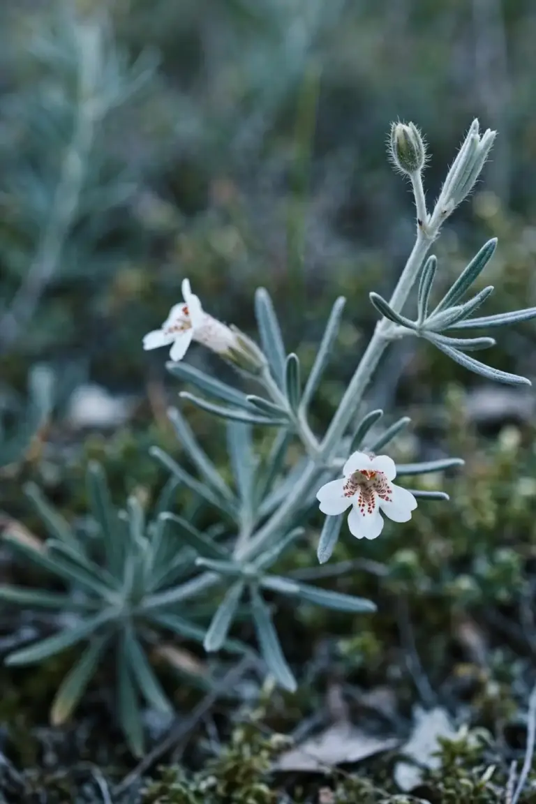 Westringia whorled leaves with small white flowers with spotted throats