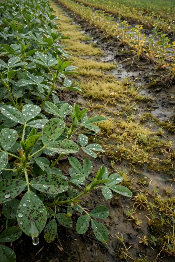 Wet alfalfa stand after rain, with water beading on spotted leaves.