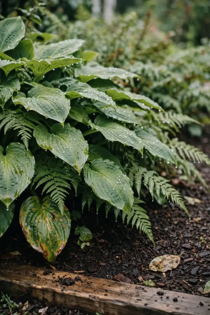Crowded wet garden bed with overlapping leaves after overhead watering.