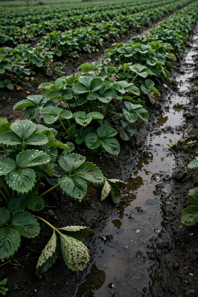 Wet strawberry rows after rain, leaves beaded with water over shining soil.