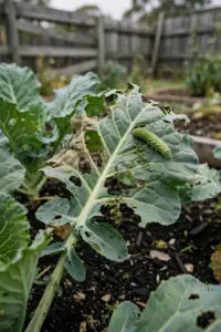 Chewed brassica leaf with holes and a green caterpillar in an Australian garden