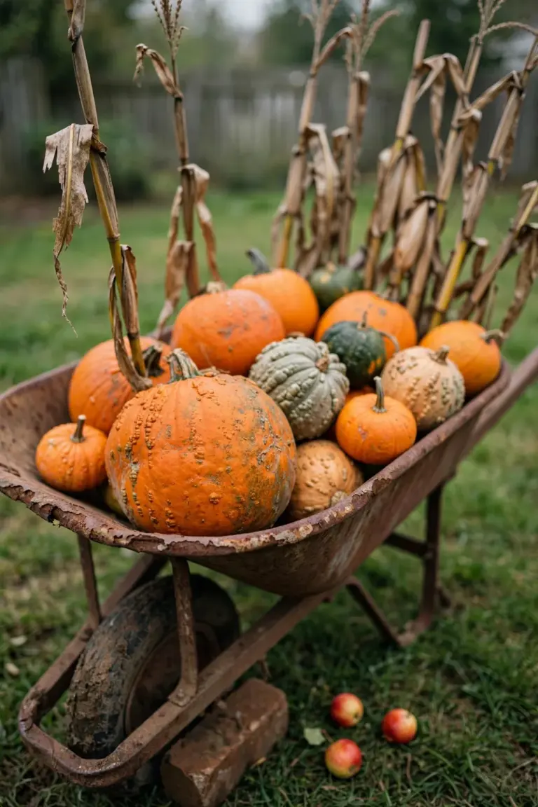 Rusty wheelbarrow heaped with pumpkins, gourds and upright cornstalks on a lawn