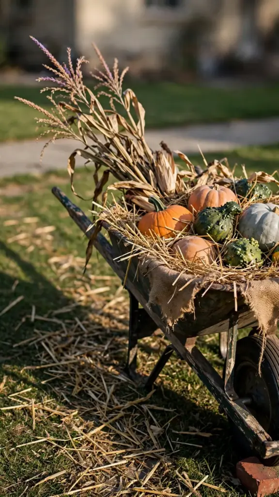 Wheelbarrow loaded with straw, pumpkins, and corn stalks at the lawn edge