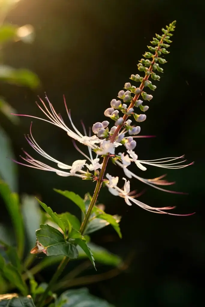 Java tea flower spike with long white stamens above toothed leaves