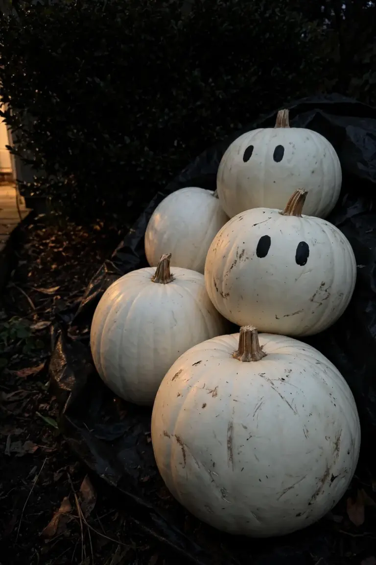 White 'Casper' pumpkins piled into a pyramid in a dark corner, two painted with black eyes