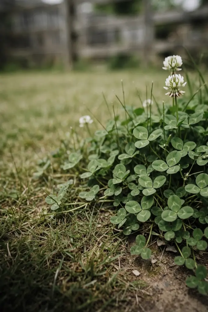 White clover patch with oval three-leaflets and white flower heads in Couch turf
