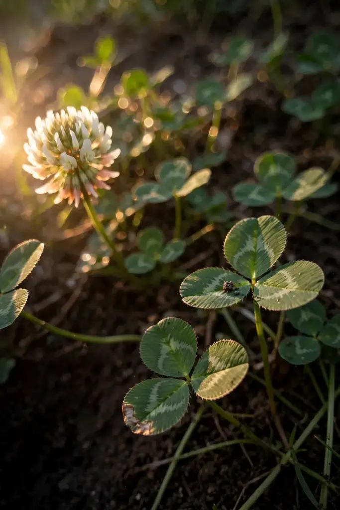 White clover trifoliate leaves and white flower head, backlit