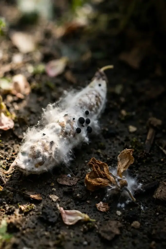 Bean pod and flower rotted by white mold with cottony growth.