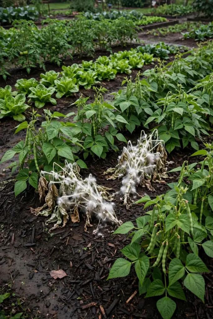 Bean row with two plants collapsed from white mold among healthy ones.
