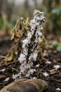 Bean stem rotted by white mold with cottony mycelium and black sclerotia