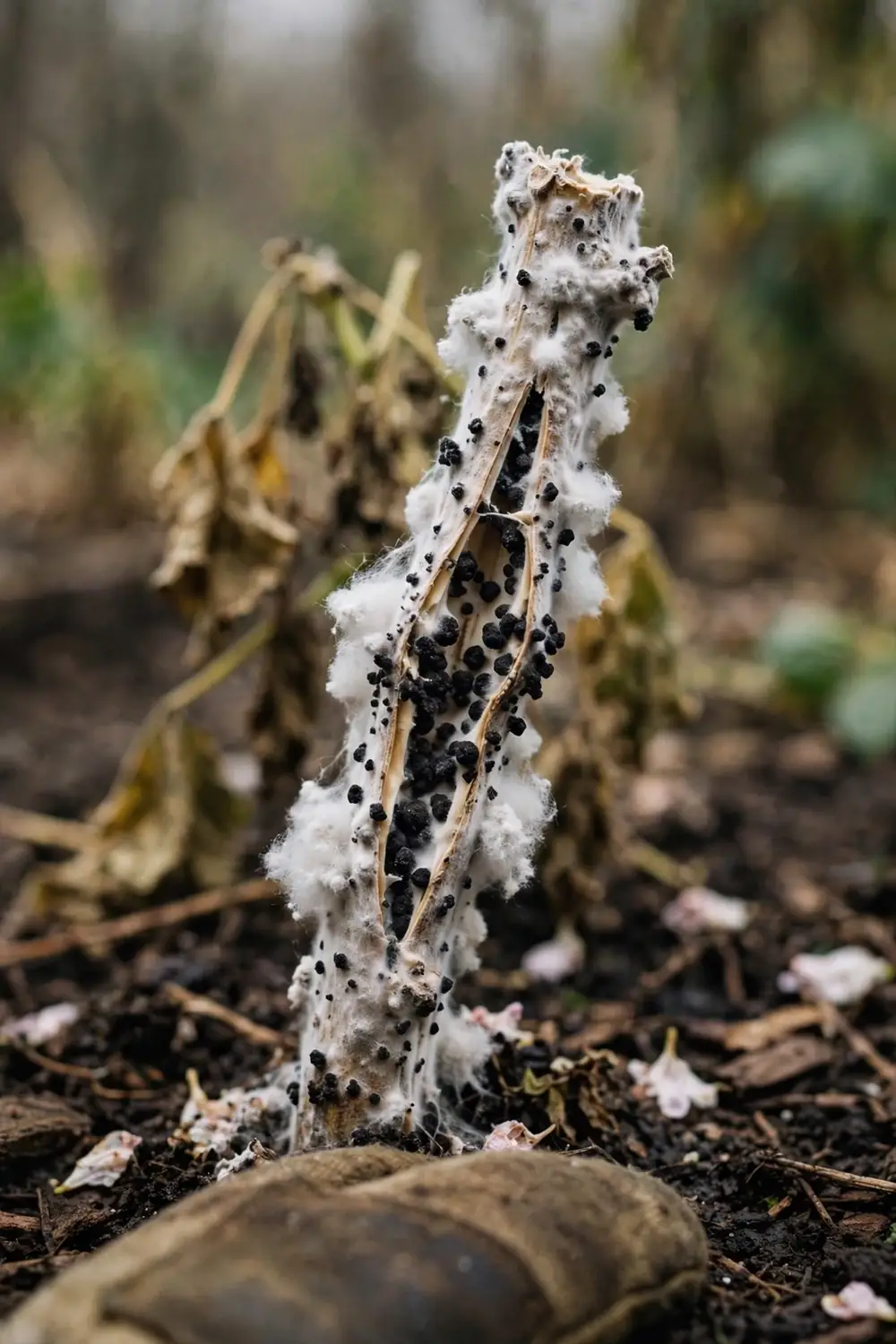 Bean stem rotted by white mold with cottony mycelium and black sclerotia