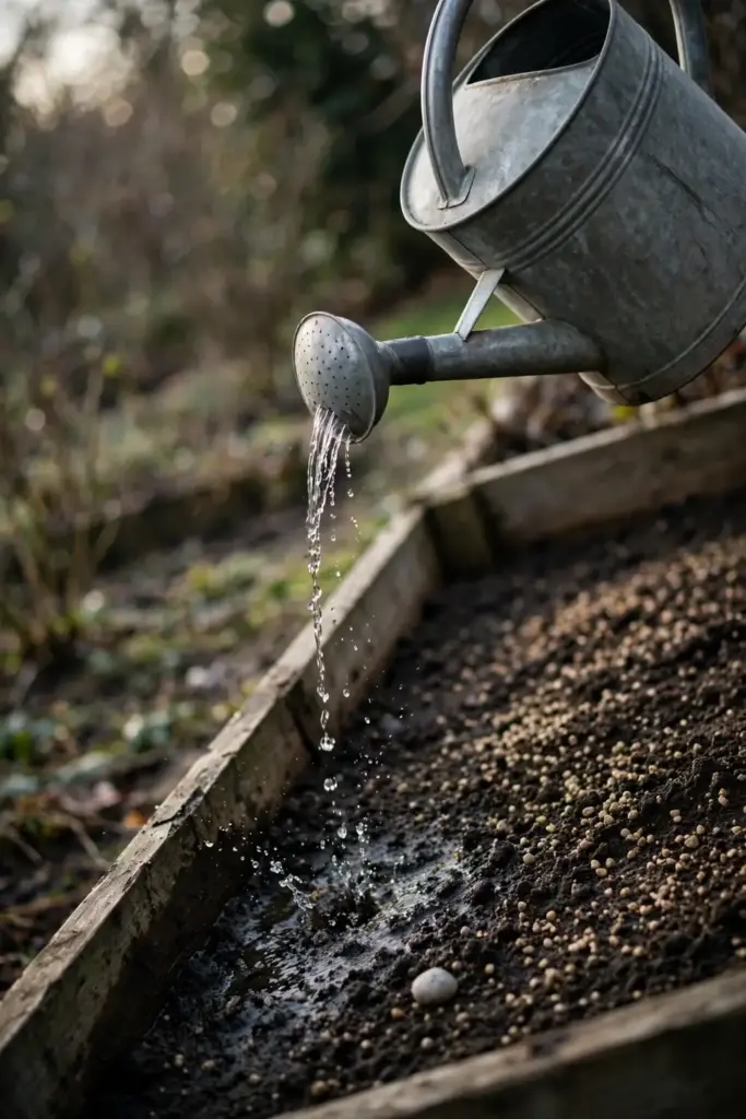Watering can applying a soil biocontrol treatment to a garden bed.