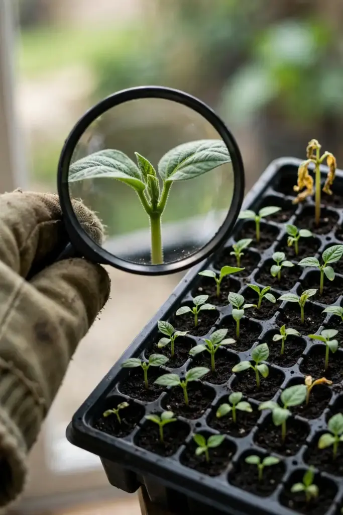 Magnifying glass inspecting healthy seedlings in a sterile tray.
