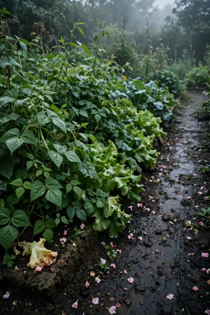 Damp crowded vegetable bed in cool wet weather, high white mold risk.
