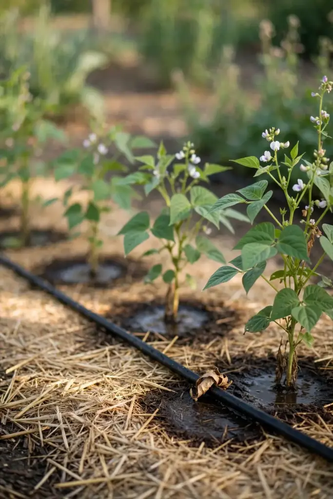 Drip line watering mulched bean plants at the root zone in the morning.