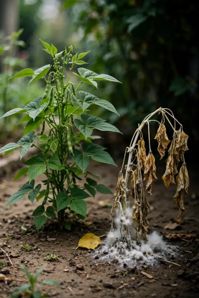 Healthy bean plant beside one collapsed from white mold.