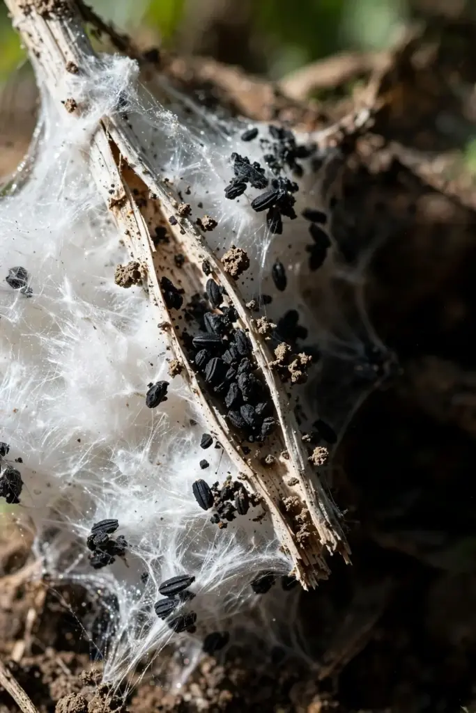 Extreme close-up of cottony white mold mycelium and black sclerotia on a stem.
