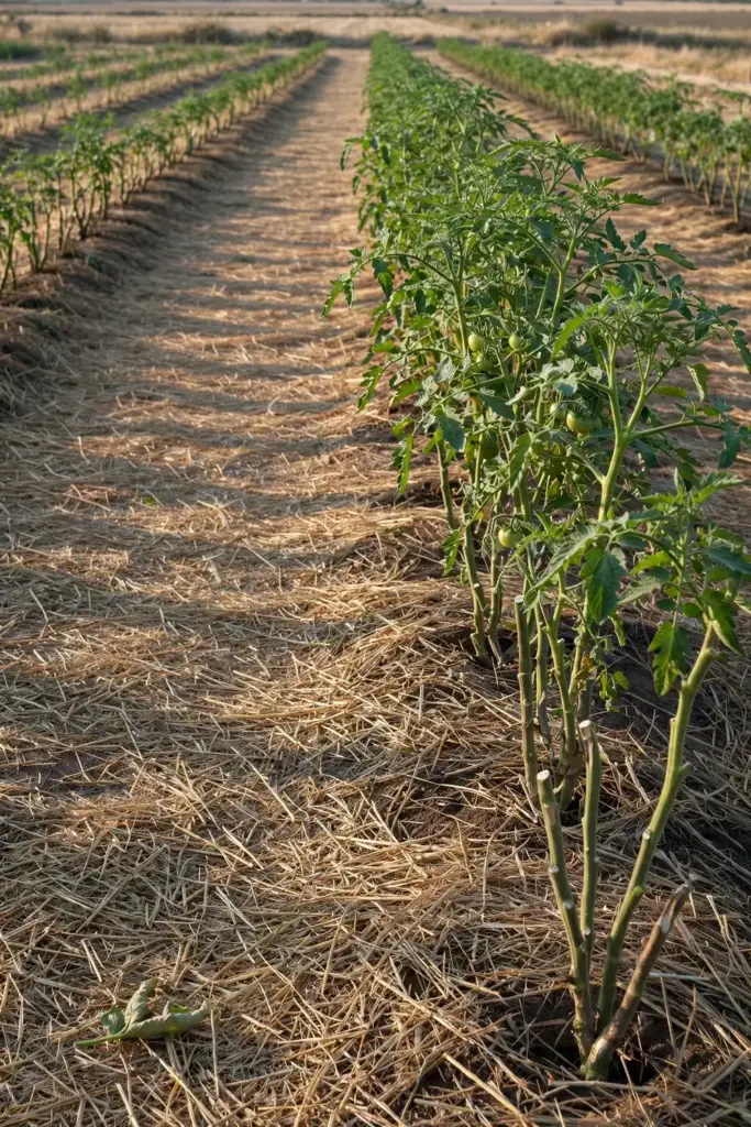 Pruned tomato row with open canopy and dry gap above the soil.