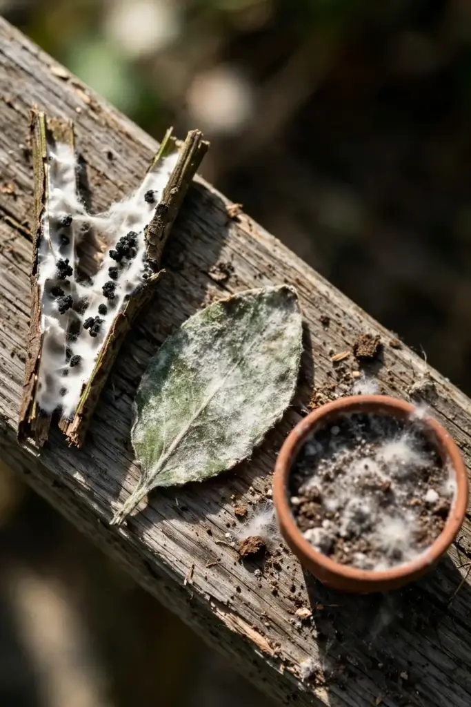 Split stem with white mold beside a powdery leaf and moldy soil mix.