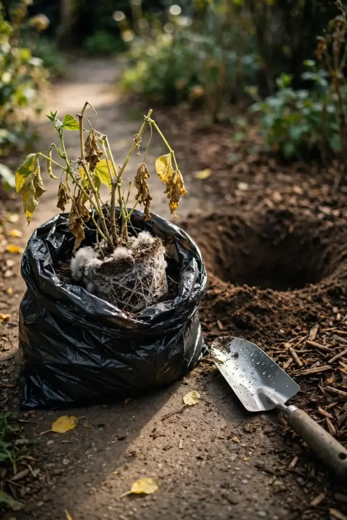 Pulled white mold plant in a trash bag beside the empty bed hole.