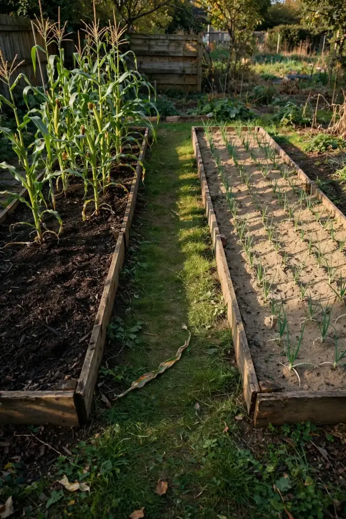 Two garden beds in rotation, corn in one and onions in the other.