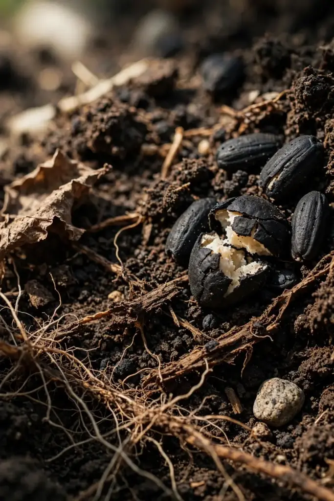 Black sclerotia resting in dark garden soil, close-up.