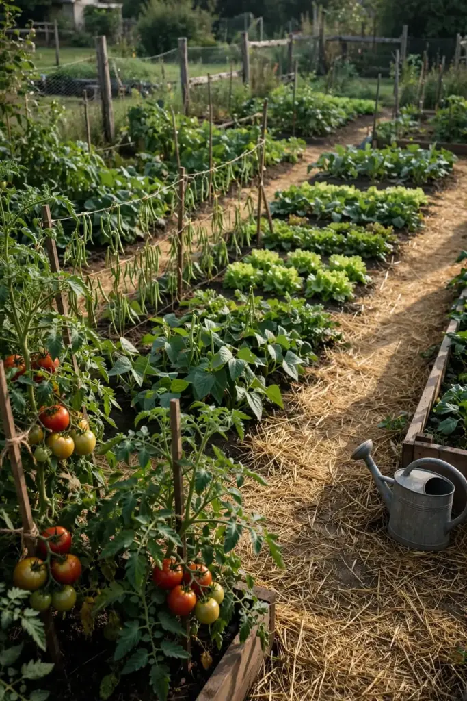 Thriving home vegetable garden with staked tomatoes in morning light.