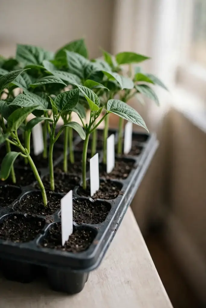 Tray of sturdy vegetable seedlings with blank labels and sterile mix.